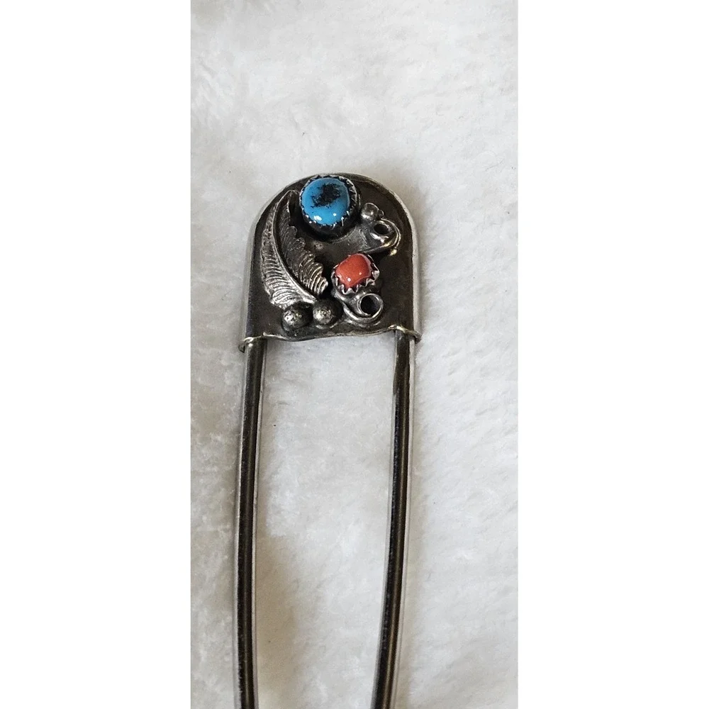 Vtg Large Safety Pin Keychain Coral And Turquoise Inlaid Stones 3